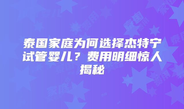 泰国家庭为何选择杰特宁试管婴儿？费用明细惊人揭秘