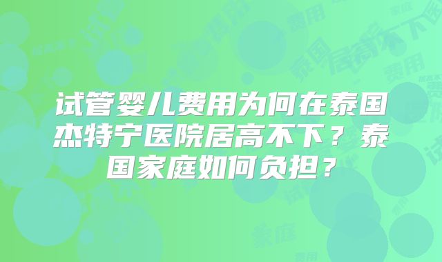 试管婴儿费用为何在泰国杰特宁医院居高不下？泰国家庭如何负担？