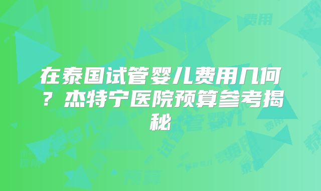在泰国试管婴儿费用几何?杰特宁医院预算参考揭秘