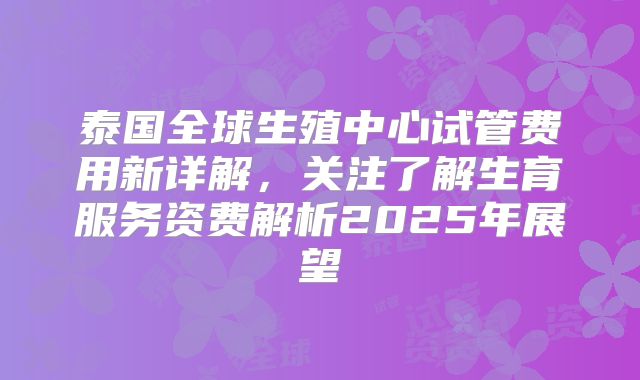 泰国全球生殖中心试管费用新详解，关注了解生育服务资费解析2025年展望