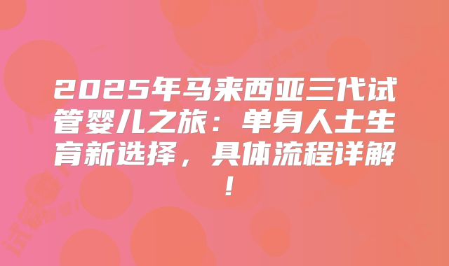 2025年马来西亚三代试管婴儿之旅：单身人士生育新选择，具体流程详解！