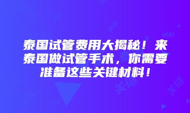 泰国试管费用大揭秘！来泰国做试管手术，你需要准备这些关键材料！