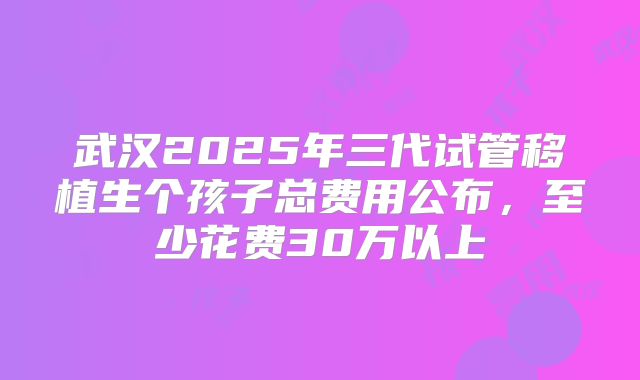 武汉2025年三代试管移植生个孩子总费用公布，至少花费30万以上
