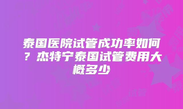 泰国医院试管成功率如何?杰特宁泰国试管费用大概多少