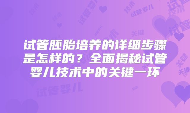 试管胚胎培养的详细步骤是怎样的？全面揭秘试管婴儿技术中的关键一环