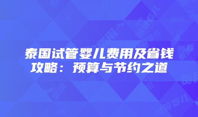 泰国试管婴儿费用及省钱攻略：预算与节约之道