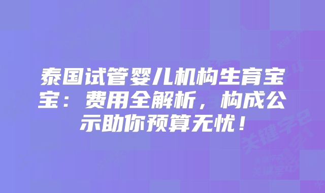 泰国试管婴儿机构生育宝宝：费用全解析，构成公示助你预算无忧！