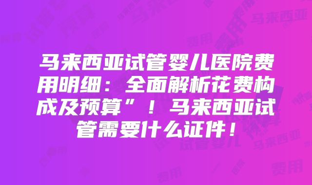 马来西亚试管婴儿医院费用明细：全面解析花费构成及预算”！马来西亚试管需要什么证件！