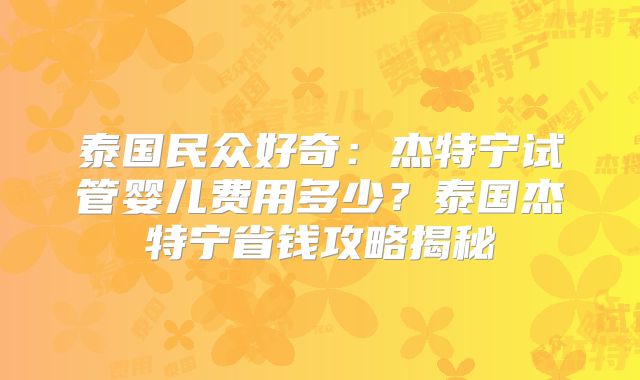 泰国民众好奇：杰特宁试管婴儿费用多少？泰国杰特宁省钱攻略揭秘