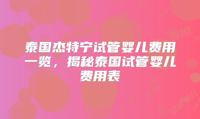 泰国杰特宁试管婴儿费用一览,揭秘泰国试管婴儿费用表