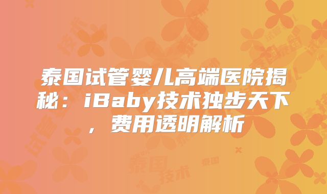 泰国试管婴儿高端医院揭秘：iBaby技术独步天下，费用透明解析