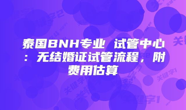 泰国BNH专业 试管中心:无结婚证试管流程,附费用估算
