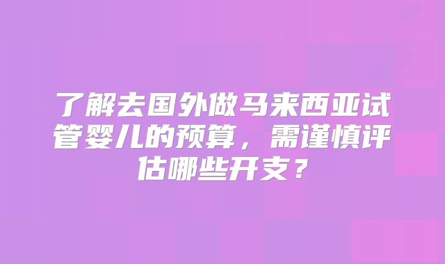 了解去国外做马来西亚试管婴儿的预算，需谨慎评估哪些开支？