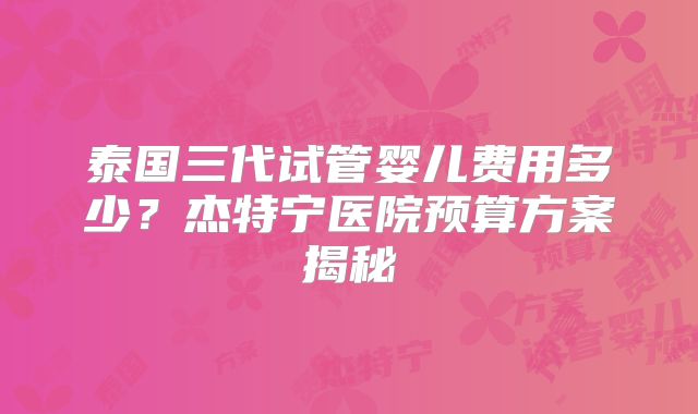 泰国三代试管婴儿费用多少?杰特宁医院预算方案揭秘
