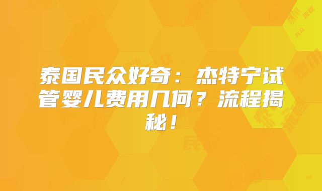 泰国民众好奇:杰特宁试管婴儿费用几何?流程揭秘!