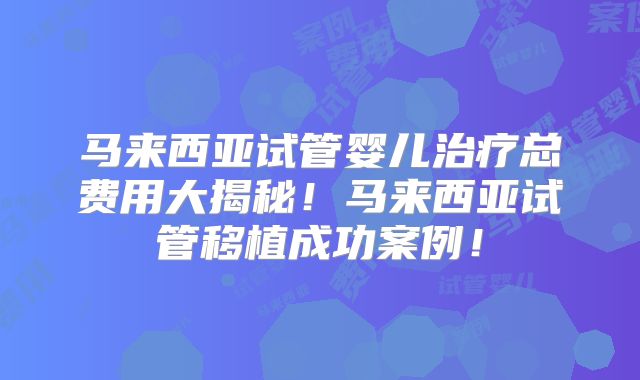 马来西亚试管婴儿治疗总费用大揭秘！马来西亚试管移植成功案例！