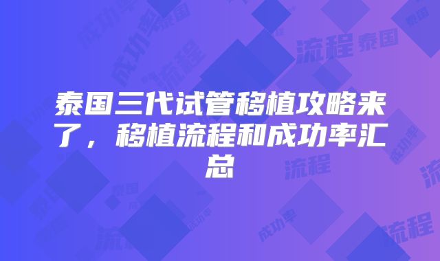 泰国三代试管移植攻略来了，移植流程和成功率汇总