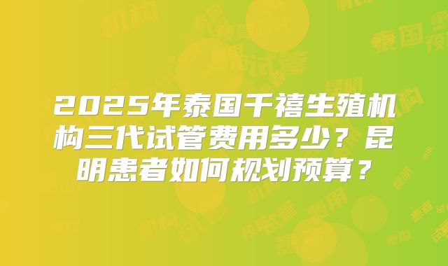 2025年泰国千禧生殖机构三代试管费用多少？昆明患者如何规划预算？