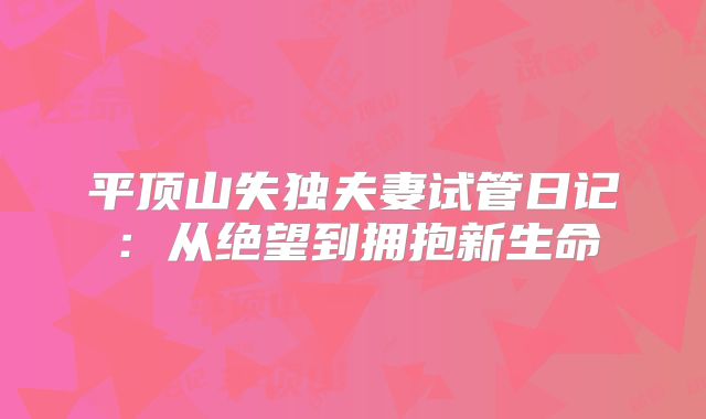 平顶山失独夫妻试管日记：从绝望到拥抱新生命