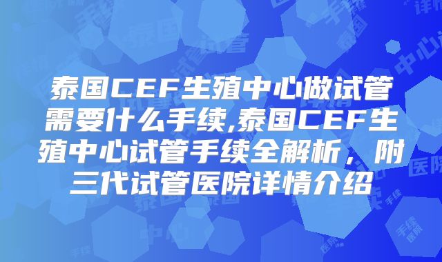 泰国CEF生殖中心做试管需要什么手续,泰国CEF生殖中心试管手续全解析，附三代试管医院详情介绍