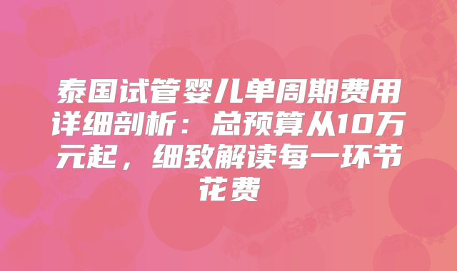 泰国试管婴儿单周期费用详细剖析：总预算从10万元起，细致解读每一环节花费