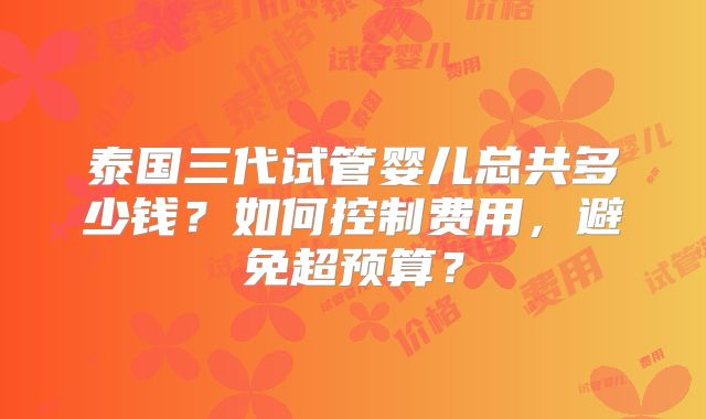 泰国三代试管婴儿总共多少钱？如何控制费用，避免超预算？