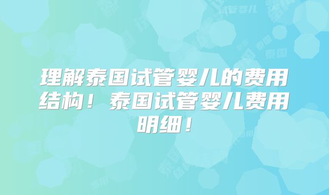 理解泰国试管婴儿的费用结构！泰国试管婴儿费用明细！