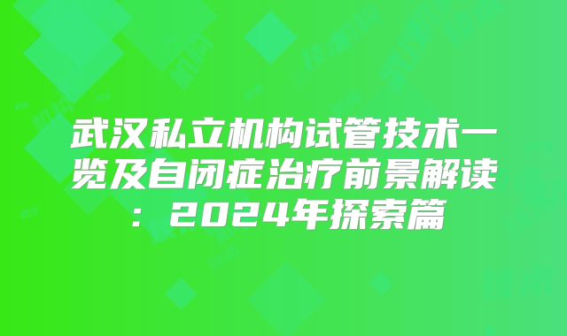 武汉私立机构试管技术一览及自闭症治疗前景解读：2024年探索篇