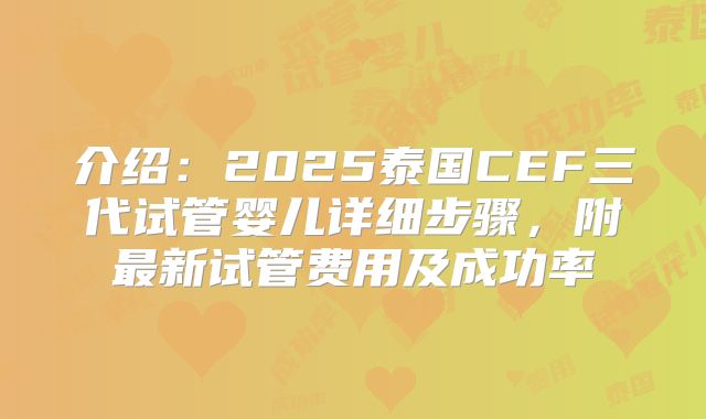 介绍：2025泰国CEF三代试管婴儿详细步骤，附最新试管费用及成功率