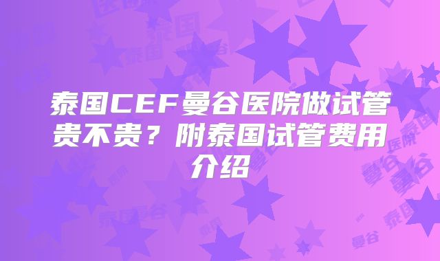 泰国CEF曼谷医院做试管贵不贵？附泰国试管费用介绍