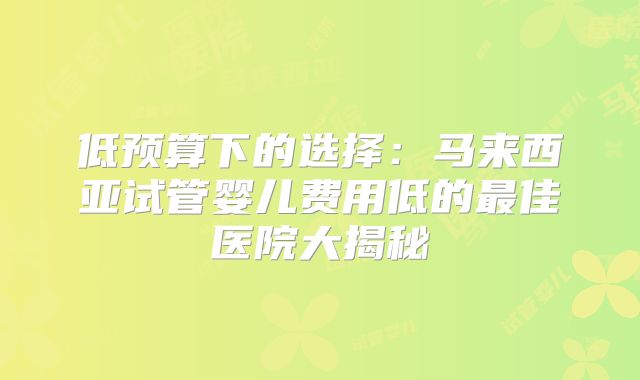 低预算下的选择：马来西亚试管婴儿费用低的最佳医院大揭秘