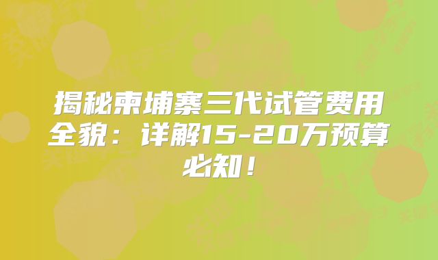 揭秘柬埔寨三代试管费用全貌:详解15-20万预算必知!