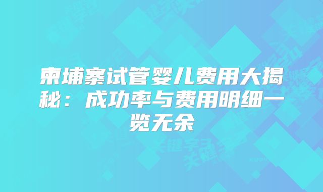柬埔寨试管婴儿费用大揭秘:成功率与费用明细一览无余