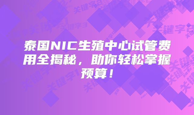 泰国NIC生殖中心试管费用全揭秘,助你轻松掌握预算!