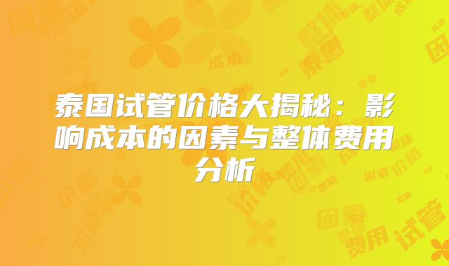 泰国试管价格大揭秘：影响成本的因素与整体费用分析