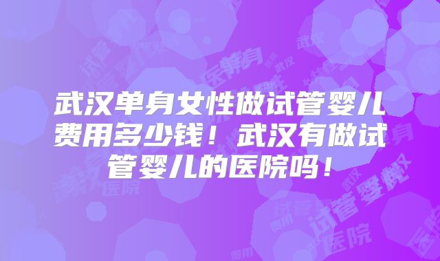 武汉单身女性做试管婴儿费用多少钱!武汉有做试管婴儿的医院吗!