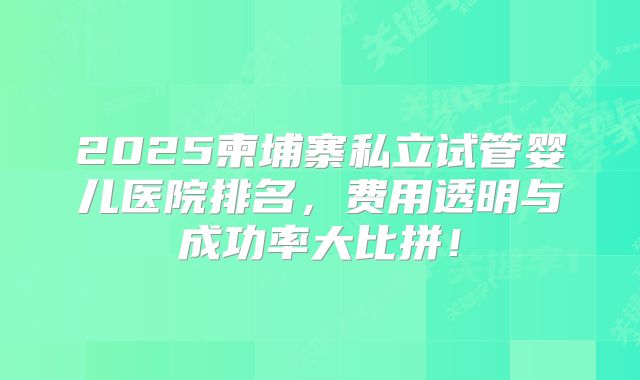 2025柬埔寨私立试管婴儿医院排名，费用透明与成功率大比拼！