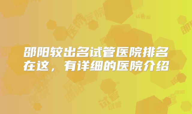 邵阳较出名试管医院排名在这，有详细的医院介绍