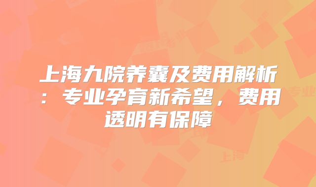 上海九院养囊及费用解析：专业孕育新希望，费用透明有保障