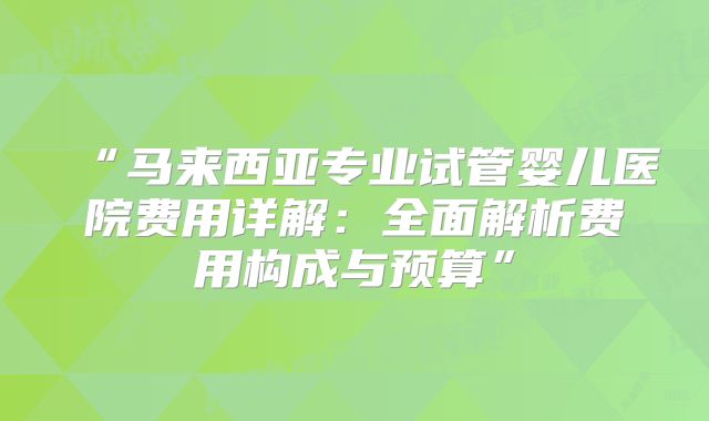 “马来西亚专业试管婴儿医院费用详解：全面解析费用构成与预算”