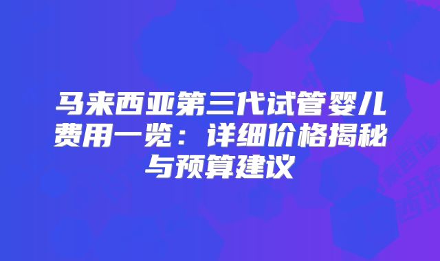 马来西亚第三代试管婴儿费用一览：详细价格揭秘与预算建议