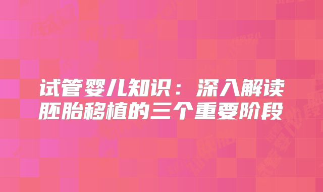 试管婴儿知识：深入解读胚胎移植的三个重要阶段