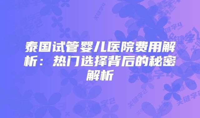 泰国试管婴儿医院费用解析:热门选择背后的秘密解析