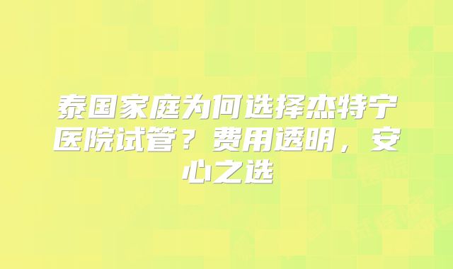 泰国家庭为何选择杰特宁医院试管？费用透明，安心之选