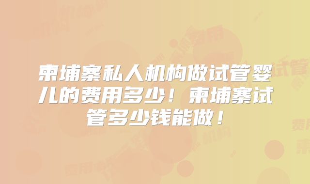 柬埔寨私人机构做试管婴儿的费用多少！柬埔寨试管多少钱能做！