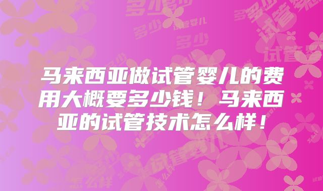 马来西亚做试管婴儿的费用大概要多少钱！马来西亚的试管技术怎么样！