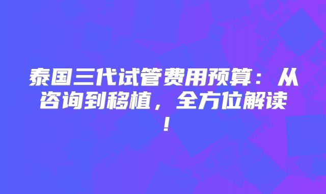 泰国三代试管费用预算:从咨询到移植,全方位解读!