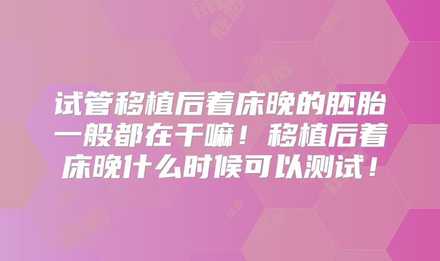 试管移植后着床晚的胚胎一般都在干嘛!移植后着床晚什么时候可以测试!