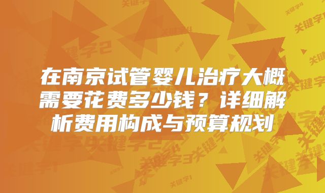 在南京试管婴儿治疗大概需要花费多少钱？详细解析费用构成与预算规划