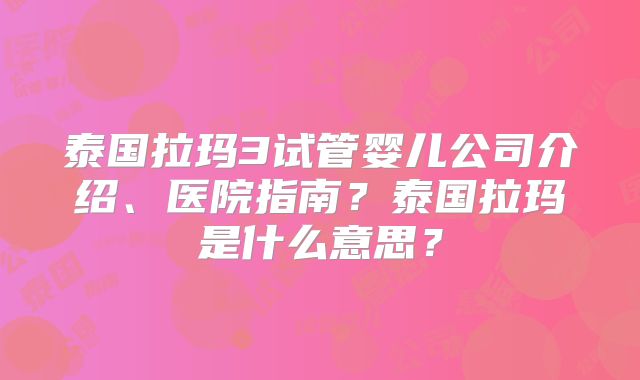 泰国拉玛3试管婴儿公司介绍、医院指南？泰国拉玛是什么意思？